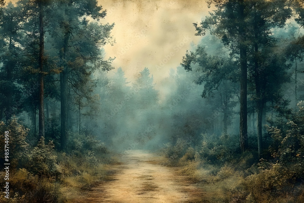 Obraz premium A mysterious dirt path winds through a dense, misty forest. The fog obscures the trees in the distance, creating a sense of wonder and intrigue.