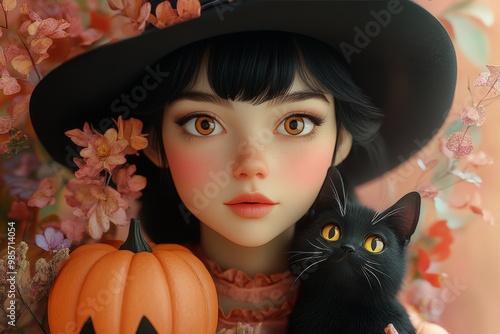 Young witch in 50s style, wearing a classic black hat and holding a black cat. The witch is adorned with floral and pumpkin accents, isolated against a pastel-colored background