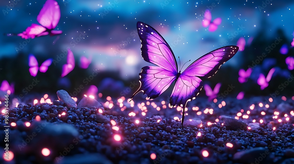 Fototapeta premium A purple butterfly glows in the night, creating a magical and fantastical scene.