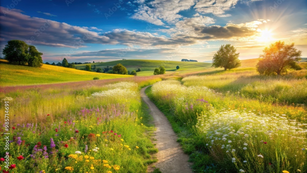 Obraz premium Path winding through a sunny field with wildflowers and lush green grass