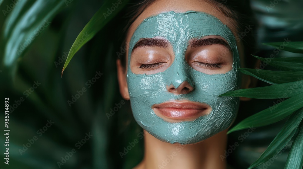 Woman with Facial Mask and Green Leaves Woman with Facial Mask and Green Leaves