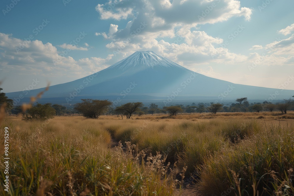 Obraz premium Landscape With Mount Kilimanjaro And Golden Grassy Plains