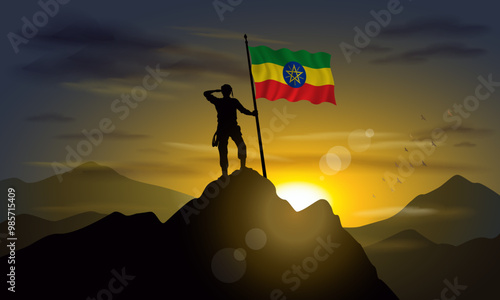 Ethiopia flag, silhouette of man holding flag on Sunset cliff. Vector Illustrator