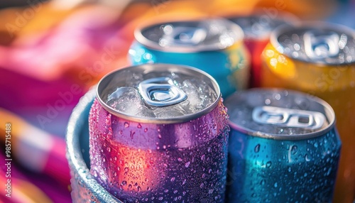 Cold Cans of Soda with Ice on a Colorful Background