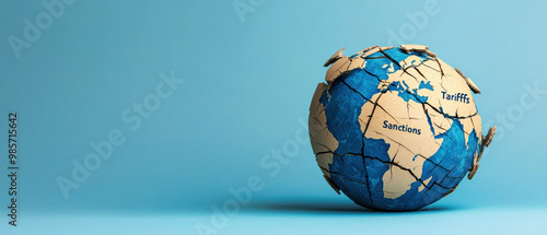 A cracked globe, with pieces labeled Tariffs and Sanctions falling apart, trade conflict, international economic instability