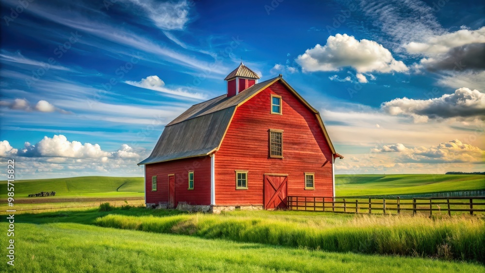 Rustic red barn in a countryside setting with blue sky and green fields Rustic red barn in a countryside setting with blue sky and green fields
