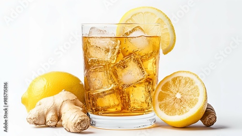 Refreshing Bundaberg Ginger Beer with Lemon and Ice. photo