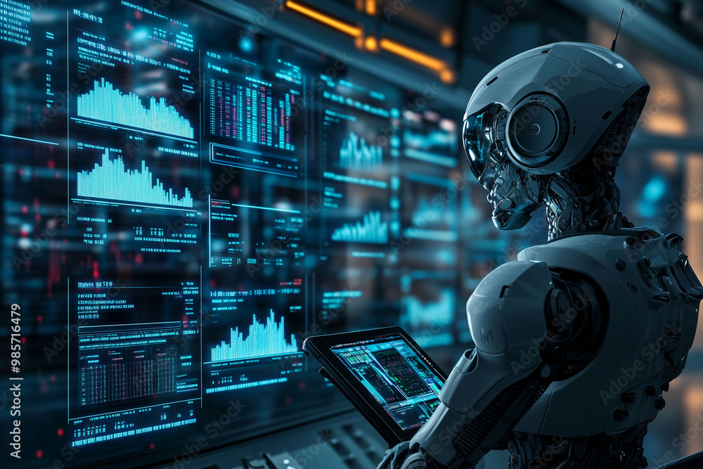 robot is standing in front of a computer monitor with a lot of numbers on it. The robot is looking at the screen and he is focused on the data. Concept of technology and automation robot is standing in front of a computer monitor with a lot of numbers on it. The robot is looking at the screen and he is focused on the data. Concept of technology and automation