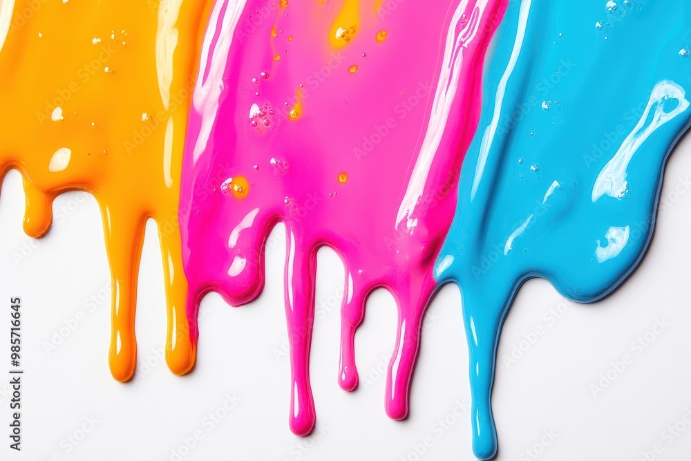 Vibrant drips of orange, pink, and blue paint on a white surface, showcasing color blending. Vibrant drips of orange, pink, and blue paint on a white surface, showcasing color blending.