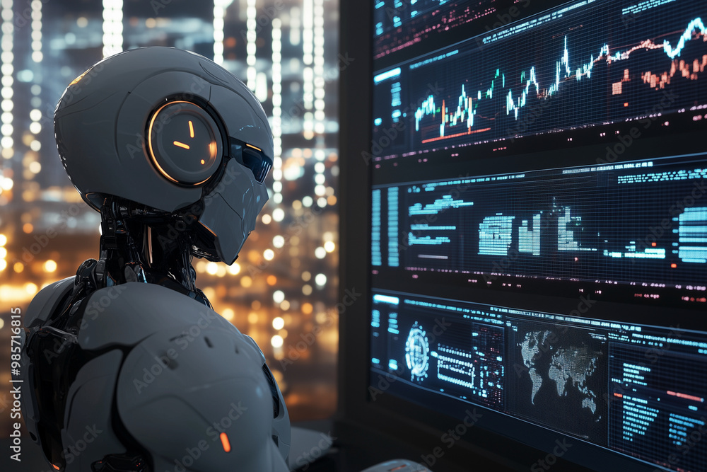 robot is sitting at a computer desk with several monitors displaying financial data. The robot appears to be focused on the screens. Concept of technology and efficiency robot is sitting at a computer desk with several monitors displaying financial data. The robot appears to be focused on the screens. Concept of technology and efficiency