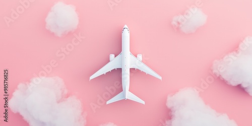 Travel Background with Airplane and Clouds, Copy Space for Text, Pink Background, Airline Travel Concept, Flight Journey, Vacation, Aviation Design