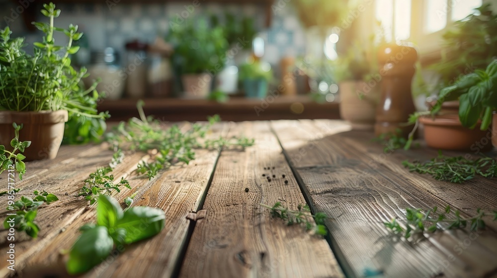 Rustic wooden garden table decorated with various potted plants herbs and greenery in an outdoor setting with wooden decking or patio backdrop Rustic wooden garden table decorated with various potted plants herbs and greenery in an outdoor setting with wooden decking or patio backdrop