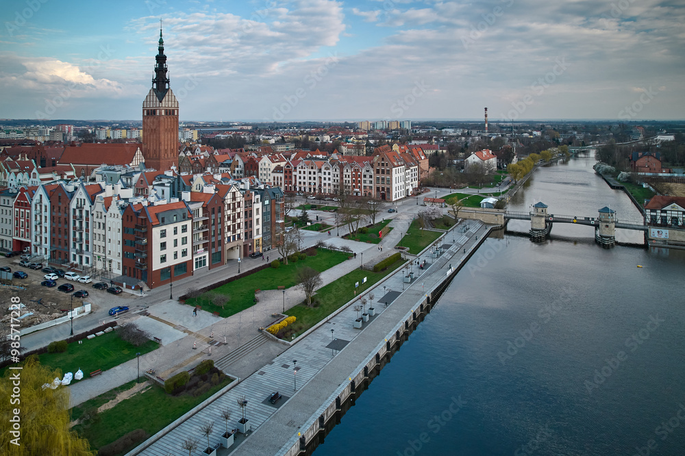 Aerial View of Elbląg Old Town Riverside Promenade and Gothic Church Tower, Poland