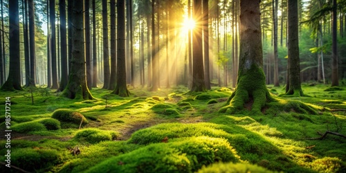 Fototapeta Naklejka Na Ścianę i Meble -  Scenic forest glade covered in moss bathed in morning sunlight