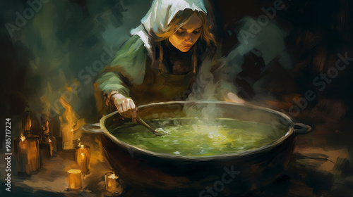 Woman Stirring Cauldron with Green Potion and Candles