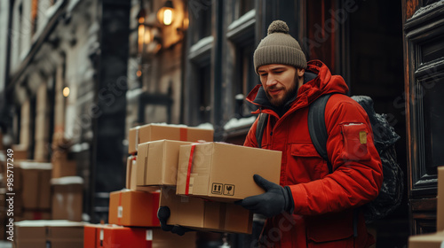 Delivery worker carrying packages in winter attire, focused on his task photo