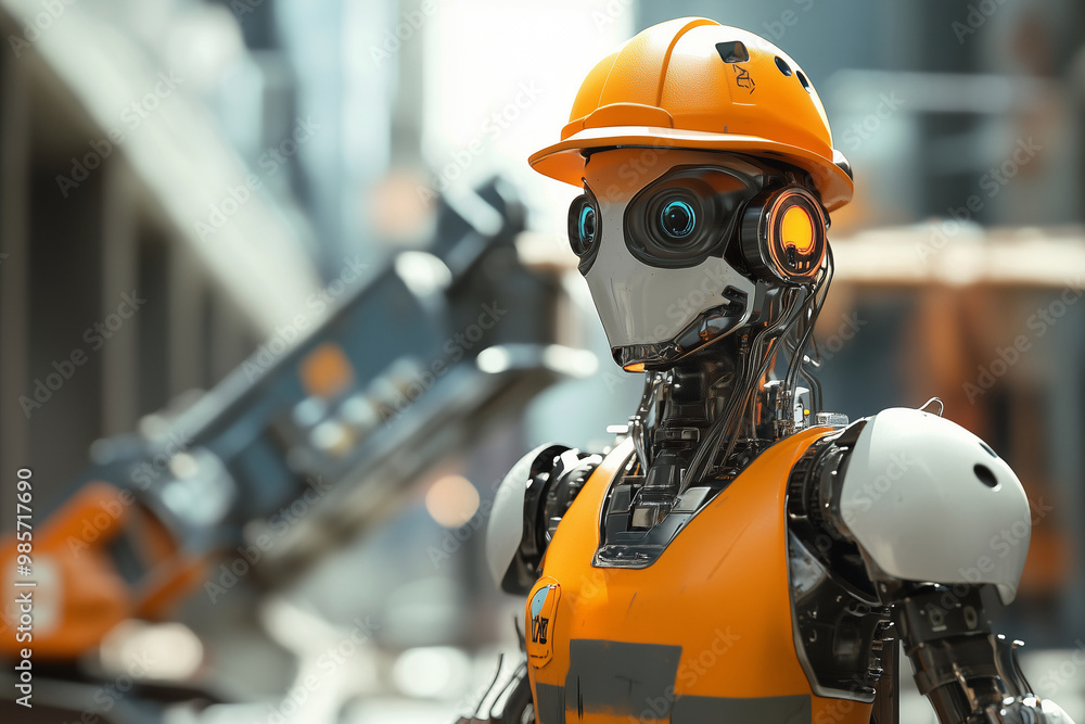 robot wearing a yellow vest and orange helmet stands in front of a crane. The robot's face is black and yellow, and it is a construction worker. Concept of industrial work and machinery robot wearing a yellow vest and orange helmet stands in front of a crane. The robot's face is black and yellow, and it is a construction worker. Concept of industrial work and machinery