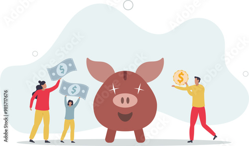 Family income .People making savings in piggy bank.flat design with people.