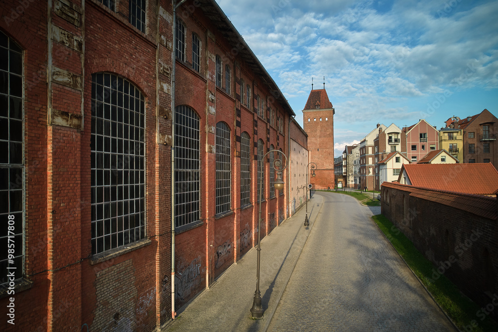 Aerial View of Elbląg Old Town Residential Buildings and Historic Brick Tower, Poland