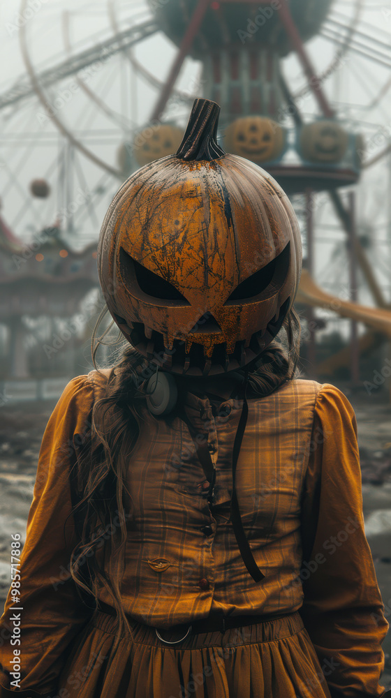 Halloween Pumpkin Head in Abandoned Amusement Park