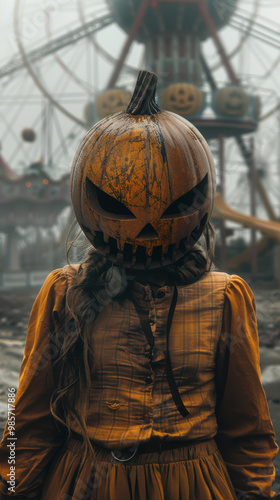 Halloween Pumpkin Head in Abandoned Amusement Park