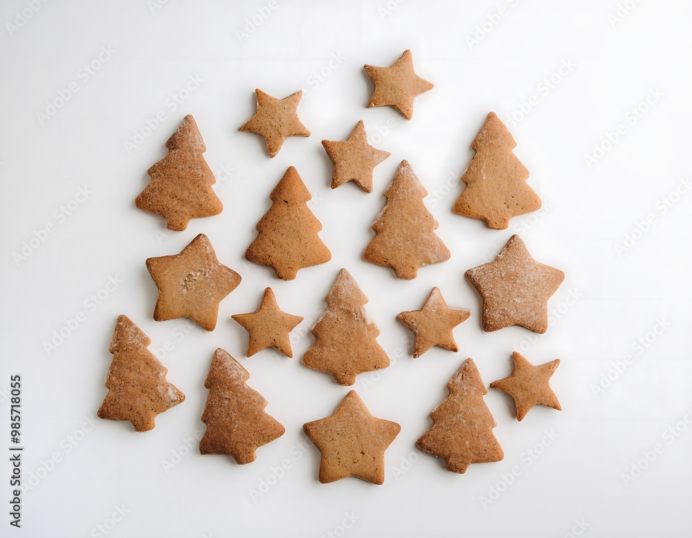 Gingerbread Cookies. Freshly baked gingerbread cookies shaped like stars and trees, placed on a white background Gingerbread Cookies. Freshly baked gingerbread cookies shaped like stars and trees, placed on a white background