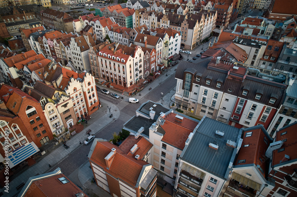 Aerial View of Elbląg Old Town with Gothic Church Tower and Historic Architecture, Poland