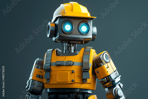 robot in a yellow vest and helmet stands in front of a gray background. The robot's design is futuristic and industrial, with a focus on safety and protection. The yellow color of the robot's outfit