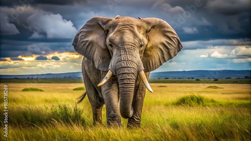 Majestic elephant stands tall in the sun-kissed field, its wrinkled gray skin glistening with dew, prominent tusks photo