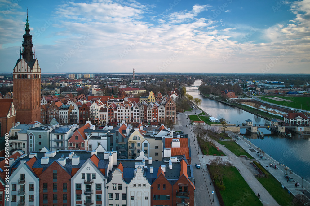 Aerial View of Elbląg Old Town Riverside Promenade and Gothic Church Tower, Poland