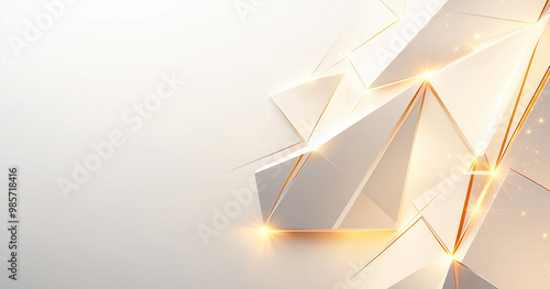 Abstract light gray background with gold geometric shapes on white paper, web poster, banner. AI generation.