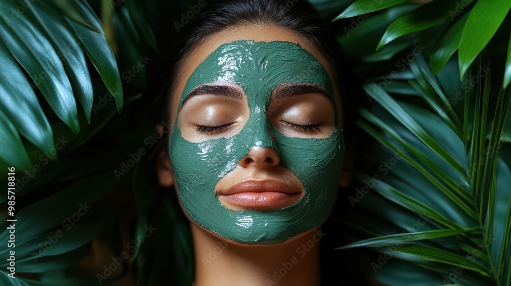 Woman with Green Clay Face Mask Surrounded by Tropical Leaves Woman with Green Clay Face Mask Surrounded by Tropical Leaves