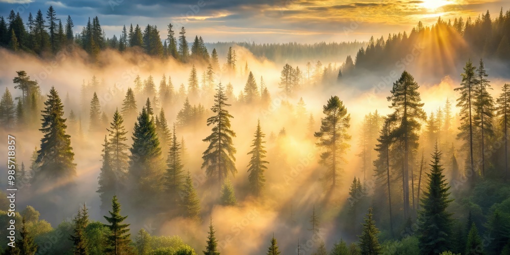 Foggy morning in Pacific Northwest forest at sunrise, creating an ethereal atmosphere with cedar and fir trees Foggy morning in Pacific Northwest forest at sunrise, creating an ethereal atmosphere with cedar and fir trees