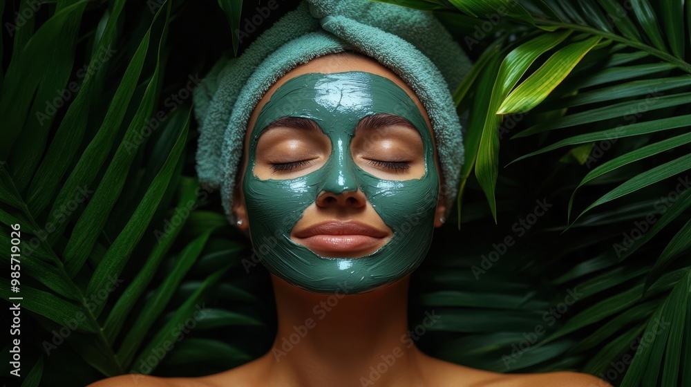 Woman with Green Facial Mask and Tropical Leaves Woman with Green Facial Mask and Tropical Leaves