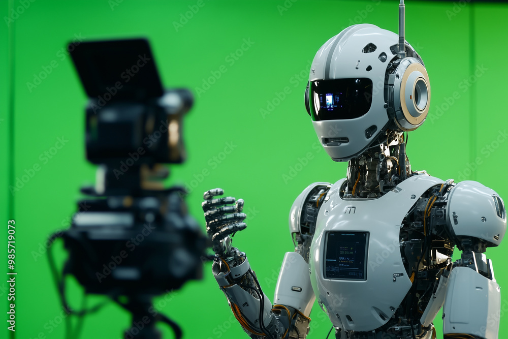 robot is standing in front of a green screen. The robot is white and has a camera on its head robot is standing in front of a green screen. The robot is white and has a camera on its head