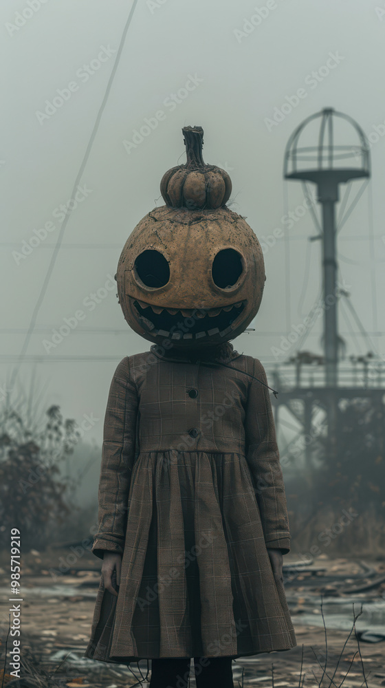 Halloween Pumpkin Head in Abandoned Amusement Park