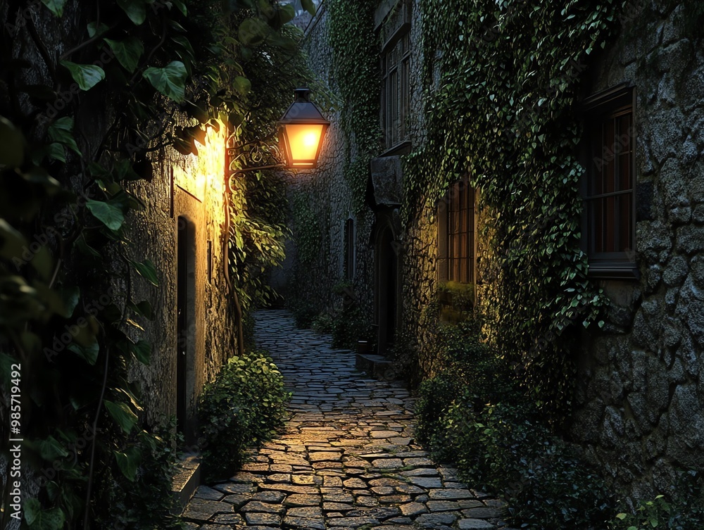 A cobblestone alleyway illuminated by a single street lamp. A cobblestone alleyway illuminated by a single street lamp.