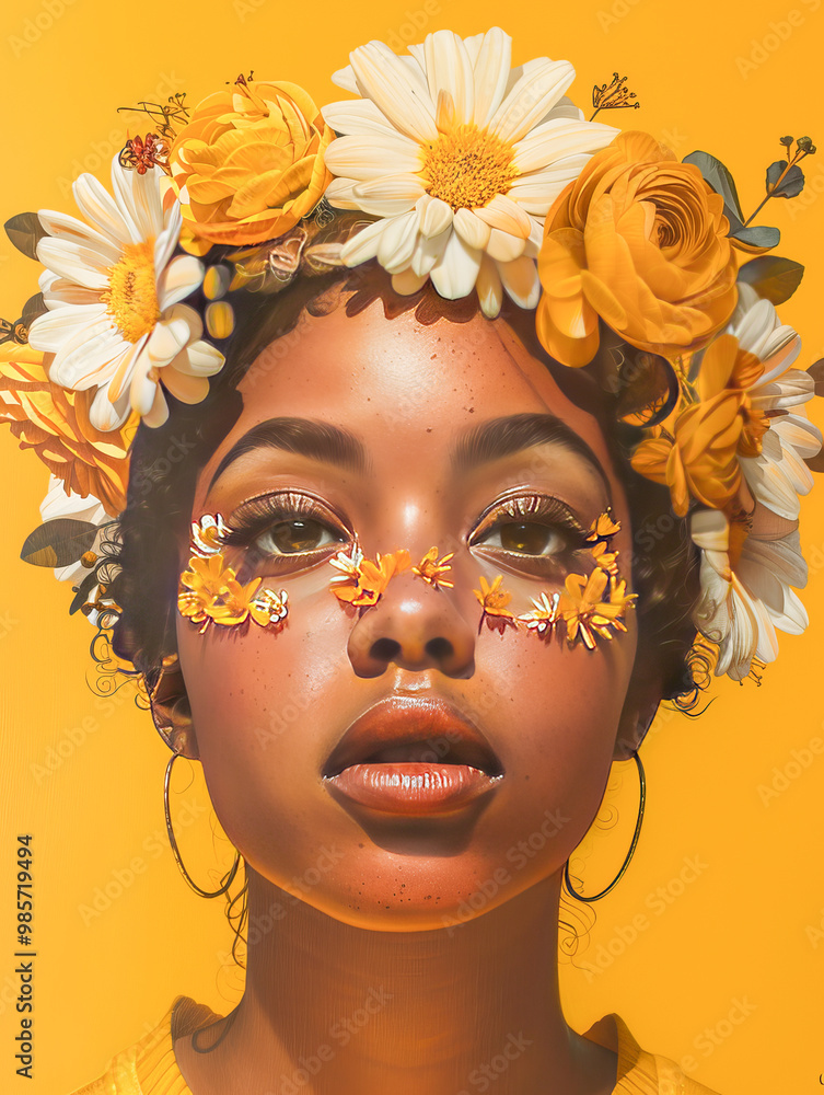 Young woman posing with flower crown and flower petals on skin Young woman posing with flower crown and flower petals on skin