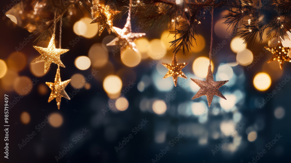 Fototapeta premium Sparkling Christmas Star Ornaments with Bokeh Lights