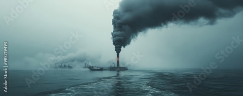 Industrial Smokestacks and Pollution Over Foggy Sea photo