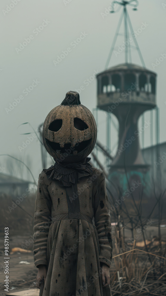 Halloween Pumpkin Head in Abandoned Amusement Park
