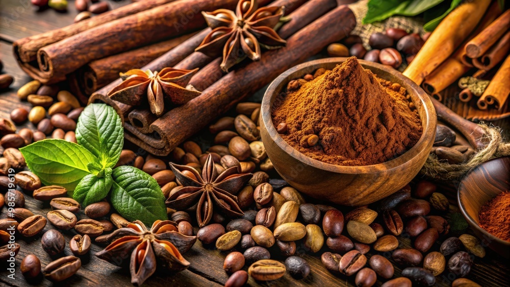 A close-up shot of cocoa beans, cocoa powder, and various spices, perfect for chocolate lovers and food enthusiasts A close-up shot of cocoa beans, cocoa powder, and various spices, perfect for chocolate lovers and food enthusiasts