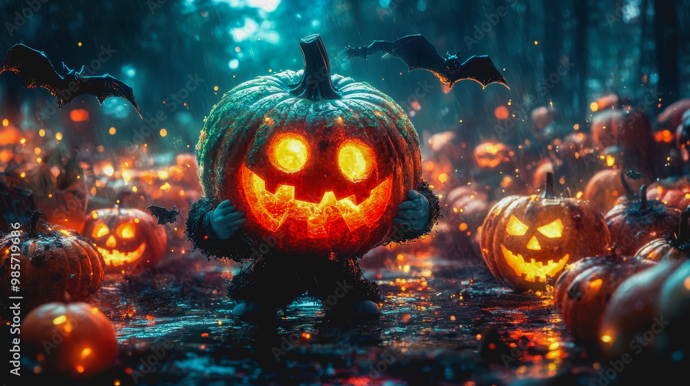Whimsical vampire with glowing pumpkins and vibrant Halloween colors Whimsical vampire with glowing pumpkins and vibrant Halloween colors