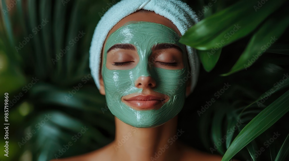 Woman with Green Facial Mask Relaxing in Lush Foliage Woman with Green Facial Mask Relaxing in Lush Foliage