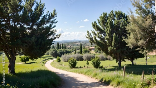 A tranquil Tuscan landscape with vibrant green meadows