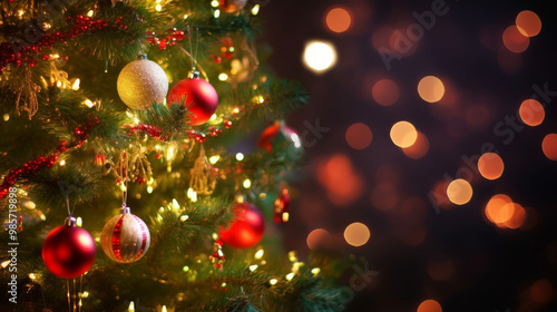 Christmas Tree Ornaments and Lights with Bokeh Background
