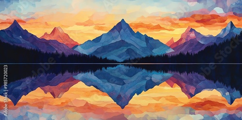 A colorful abstract depiction of a mountain range reflected in a still lake with a sunrise sky.