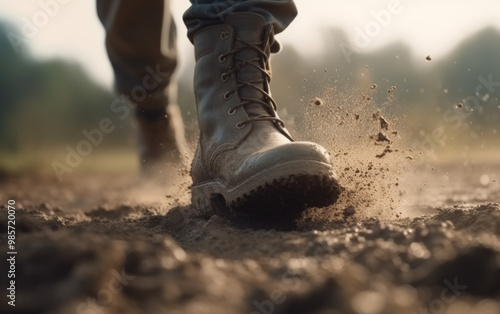 Closeup of Boot Kicking Up Dust on a Dirt Path photo