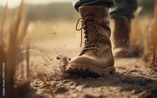 Brown Leather Boot Stepping on Sand with Dust Flying Up