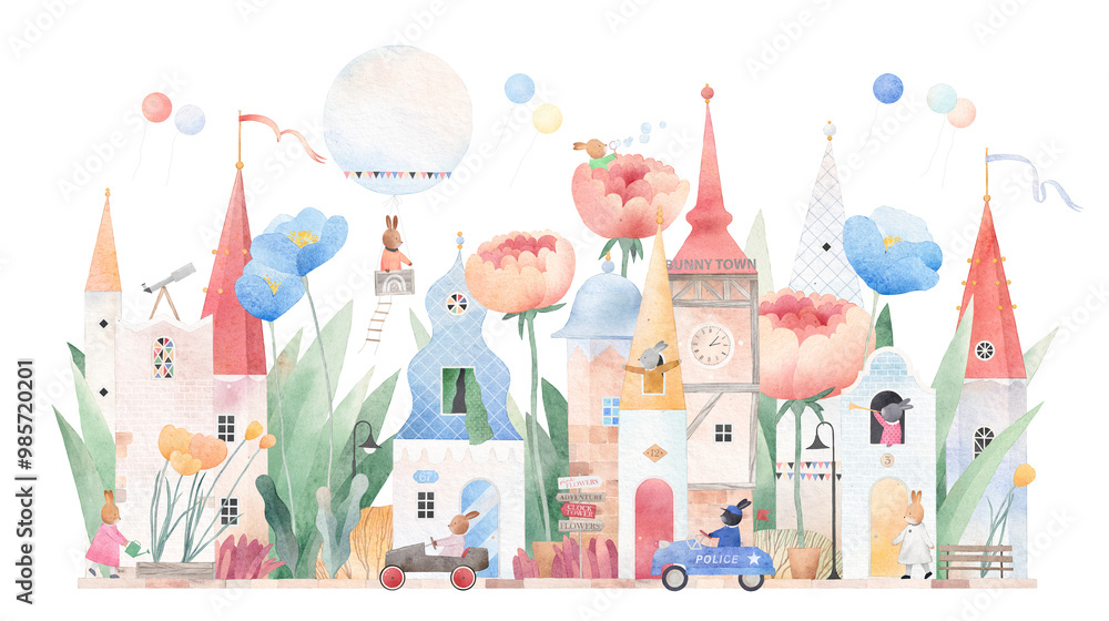 Fototapeta premium Children's city among flowers. Cute houses, flowers, bunnies. Fairytale castle. World of dreams. Cute bunny town.